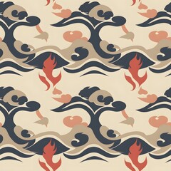 Elegant action modern seamless pattern of japanese clouds and thai kran artistic textile design art studio aesthetic vibes