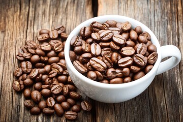 Fototapeta premium Roasted coffee beans in a white cup on a rustic wooden table Coffee beans are scattered around the cup