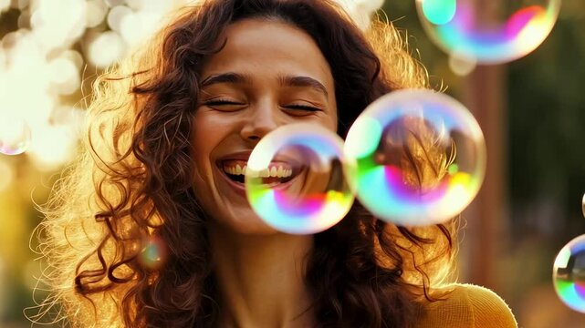 Curly haired woman experiencing pure happiness, blowing soap bubbles while radiating joy during golden hour sunlight in peaceful park setting