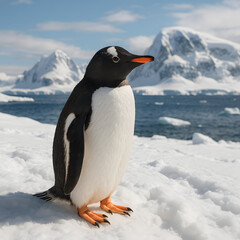 Naklejka premium Striking Portrait of a Gentoo Penguin Standing Proudly on Snowy Antarctic Terrain with Majestic Ice-Covered Mountains and Blue Waters in the Background