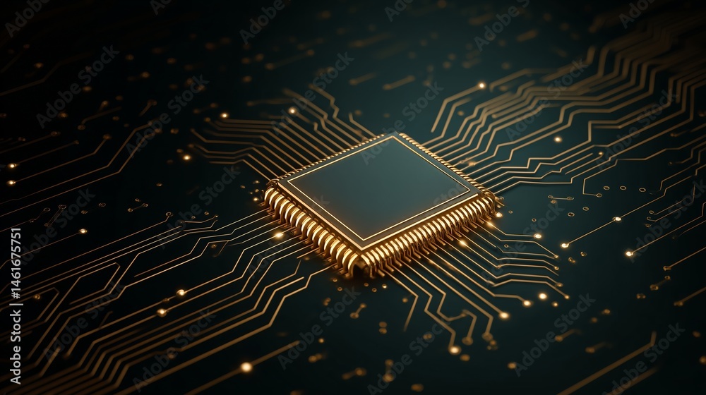 Poster Floating AI processor chip and neural network lines, clean vector tech scene, space for text