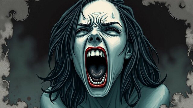 Gothic-inspirierte Illustration einer schreienden Frau mit verzerrtem Gesicht und dunklem Hintergrund &ndash; verst&ouml;rend, intensiv und emotional.