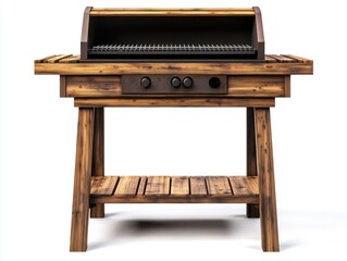 Fototapeta premium Rustic wooden outdoor grill barbecue station isolated on white background studio shot for summer cooking