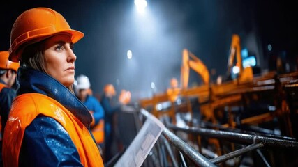 Construction Worker on Site at Night Wearing Hard Hat and Safety Vest, Observing Project Progress