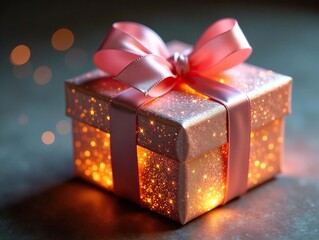 Sparkling gift box, delicate silk bow, soft light ambiance , macro, soft light, holiday