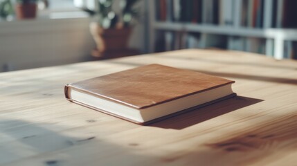Cozy sunlit room with leather book on wooden table and blurred bookshelves in background