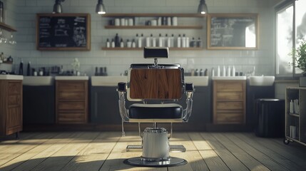A luxurious yet understated barbershop interior with a standout modern barber chair in focus