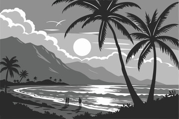 7 Black and white tropical beach scene, full moon, palm trees silhouettes, dramatic clouds, moonlight reflection on water, distant mountains, figures on beach, atmospheric lighting, high contrast, det