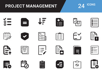 Project Management: Planning, Organizing, Scheduling, Resource Allocation, Team Collaboration, Risk Assessment, Goal Setting, Time Tracking, Milestone Delivery, Reporting editable icon set