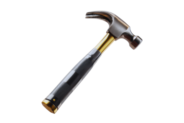 A professional claw hammer with a dark gray handle and gold accent isolated transparent background