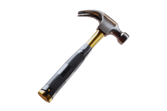 A professional claw hammer with a dark gray handle and gold accent isolated transparent background