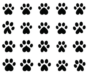 Fototapeta premium Bunny paw, trail, pet, step, footprint. Cat, dog, animal print. Cute cartoon bunny paw, cat, dog paw print. Color cutie rabbit paw. Sticker, wall art, background. Kids design, decoration, easter set