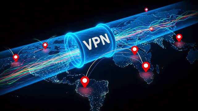 Visual representation of a VPN connection illustrating global data flow and security across continents