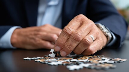 Close-Up of Hand Placing Puzzle Piece on Table, Symbolizing Problem Solving, Focus, Logic, and Strategy in Mind