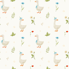 Cute pattern with geese, wildflowers and berries