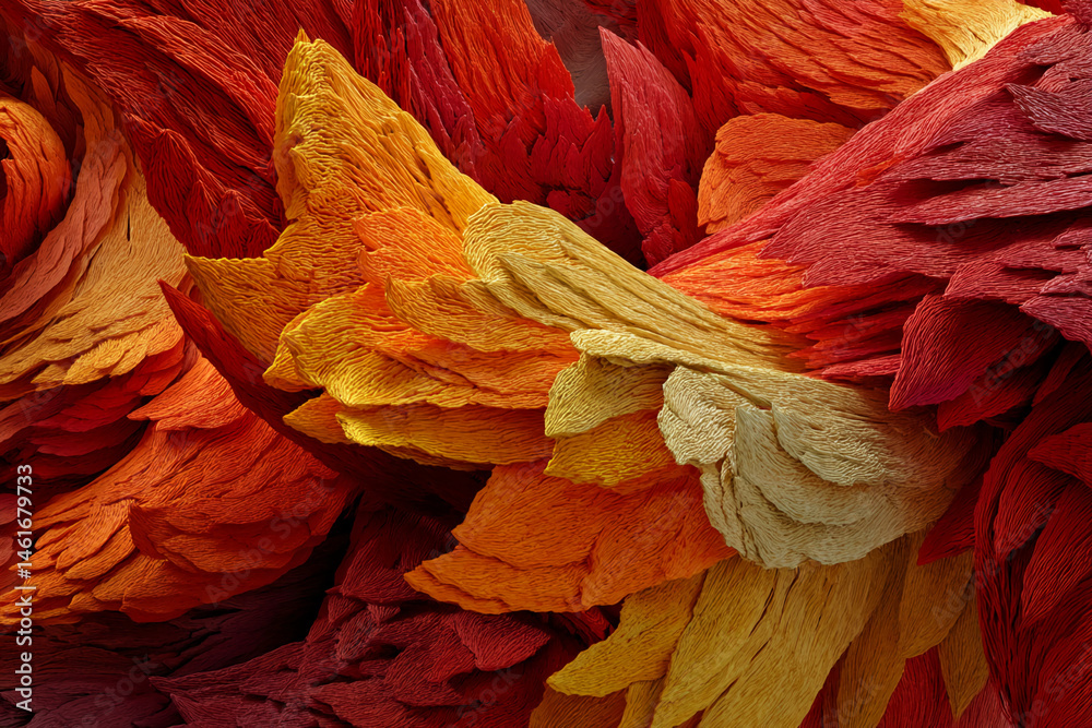 Fototapete Abstract textured image featuring warm-toned, layered shapes resembling crumpled paper or fabric, creating a dynamic and visually interesting pattern, ideal for design projects