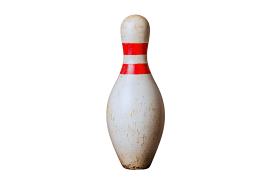 Vintage bowling pin weathered white with red stripes isolated transparent background