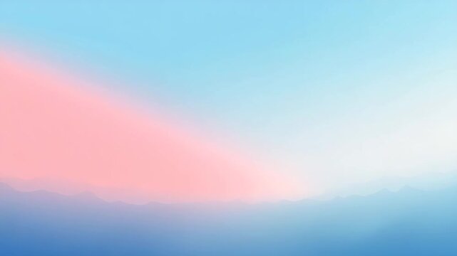 Gentle watercolor gradients create a serene scene depicting faint mountain silhouettes under peaceful, pink-and-blue sky.
