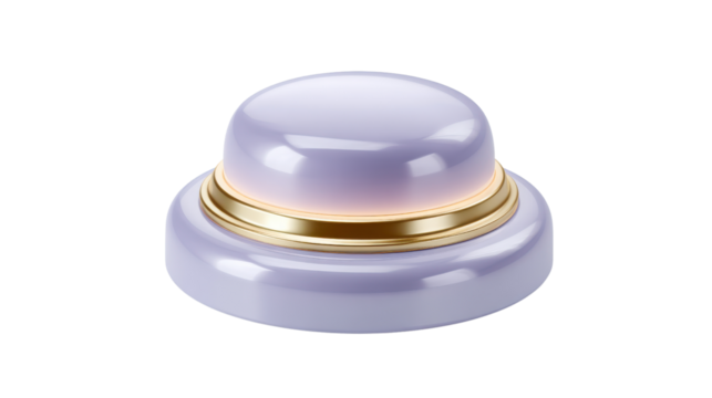 A simple elegant white circular button with a gold accent set against a plain white background