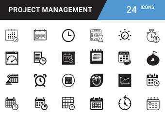 Project Management: Planning, Organizing, Scheduling, Resource Allocation, Team Collaboration, Risk Assessment, Goal Setting, Time Tracking, Milestone Delivery, Reporting editable icon set