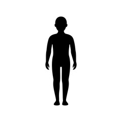 Body child black silhouette front view. Blank unisex children body template. Vector illustration