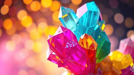 Vibrant, multifaceted crystals cluster against a bokeh backdrop