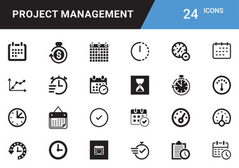 Project Management: Planning, Organizing, Scheduling, Resource Allocation, Team Collaboration, Risk Assessment, Goal Setting, Time Tracking, Milestone Delivery, Reporting editable icon set