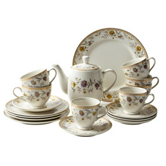 Fototapeta premium Elegant Floral Tea Set Porcelain Teacups Saucers Teapot and Serving Plate isolated on Transparent Background