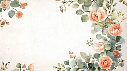 Elegant botanical wreath of delicate eucalyptus leaves and bright ranunculus flowers in semi-transparent watercolor layered on distressed paper texture, perfect for wedding invitations, floral design 