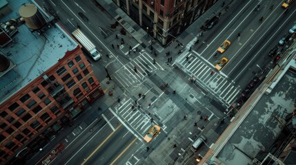 Fototapeta premium Top-down photo of city sidewalk and crossing pedestrians stock photo --ar 16:9 --raw --v 6 Job ID: 2b046504-0882-4838-936d-741dd6779ebb