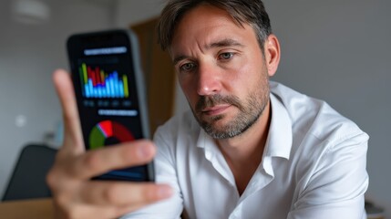 Focused businessman analyzing financial data on smartphone with colorful graphs in modern office environment