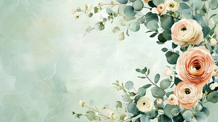 Elegant botanical wreath of delicate eucalyptus leaves and bright ranunculus flowers in semi-transparent watercolor layered on distressed paper texture, perfect for wedding invitations, floral design 