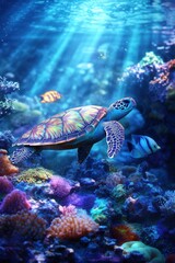 Fototapeta premium Sea Turtle Swimming in Coral Reef Underwater Scene Ocean Life Marine Animal Close Up Sunlight Rays