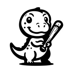Cute T-Rex dinosaur holding a baseball bat silhouette vector illustration, T-Rex dinosaur holding a baseball bat line art vector icon design
