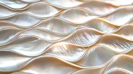 Fototapeta premium Opalescent, wavy, mother-of-pearl mosaic. Detailed, smooth, iridescent surface, exquisitely crafted, natural, shell-based tiles