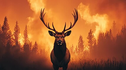 Wild deer standing in front of a burning forest during a wildfire. Symbolizes wildlife danger, environmental disaster, and climate change impact on nature