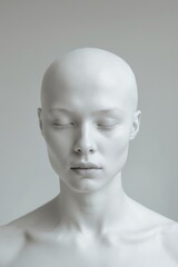 Woman in white makeup, eyes closed. Suitable for beauty brands, cosmetics advertisements, and editorial features on makeup trends and beauty.