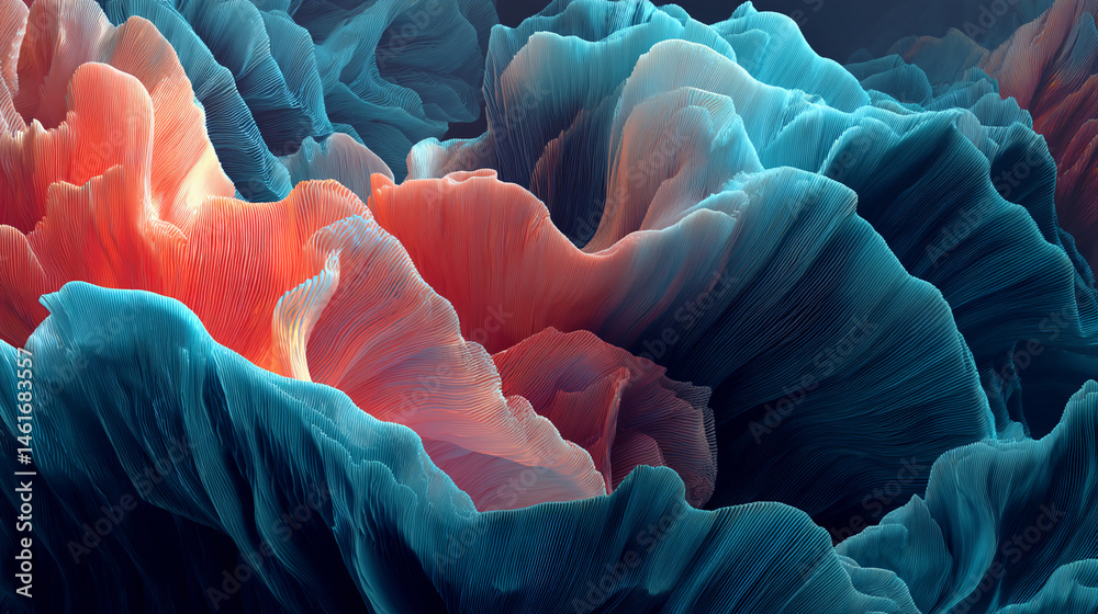Fototapete Abstract image of textured, flowing forms in teal and coral hues, creating a dynamic and visually captivating composition, showcasing organic, wave-like shapes