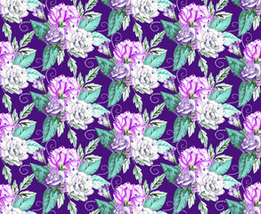 Hand drawn watercolor rose lisianthus and peony rose flowers seamless pattern. Premium quality watercolor pattern design.