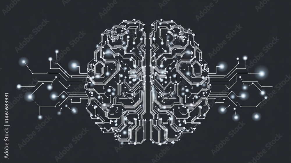 Poster Minimal tech brain with connecting lines and nodes in flat vector