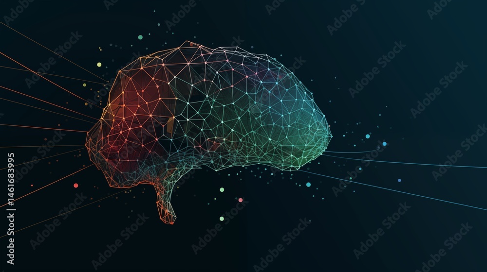 Poster Minimal tech brain with connecting lines and nodes in flat vector