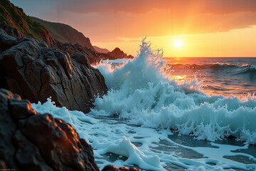 Dramatic ocean waves crash against rough, weathered rocks during a vibrant sunset.