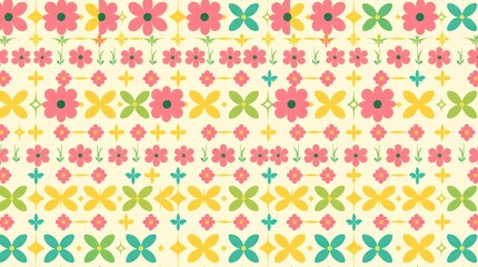 Fototapeta premium Pastel floral repeating pattern with stylized flowers in pink, yellow, and teal on a cream background