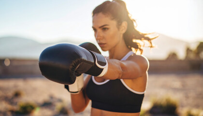 Focused strong woman boxing outdoors in black gloves, athletic female training in sports bra, determined expression, fitness motivation, sunset background, healthy lifestyle