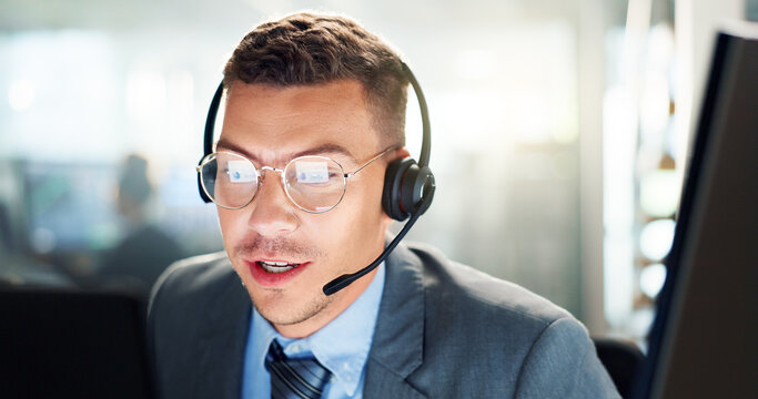 Call center, glasses and businessman with computer in office consulting or crm, sales and customer support. Telecom, contact us and male lead generation consultant with virtual, help or insurance faq