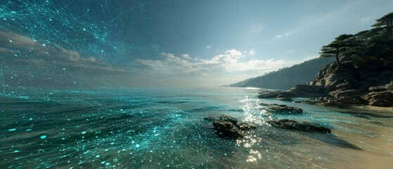 Ocean view enhanced by AI visual overlay, turquoise data streams, sunlight sparkles