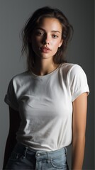 Obraz premium Female model wearing ivory t-shirt and jeans. Fashion magazine photoshoot. Model photo. AI generated.