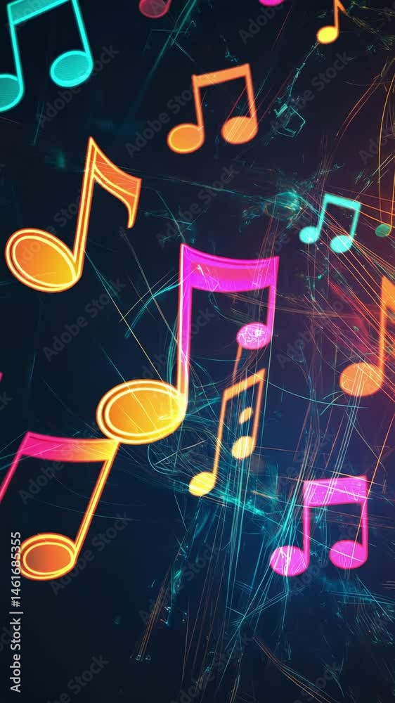 Poster Colorful music notes are floating and moving on a dark background with light trails, creating a vibrant and dynamic visual representation of music, sound, and melody