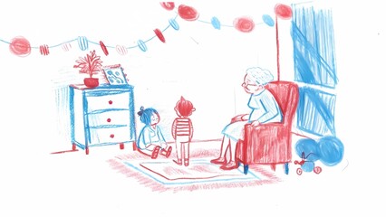 Fototapeta premium Children visiting grandmother illustration drawing family time story time art , kid's hand drawing.