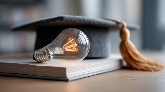 A graduation cap sits on top of a book, accompanied by a glowing light bulb. This arrangement represents the fusion of knowledge and creativity in the educational journey